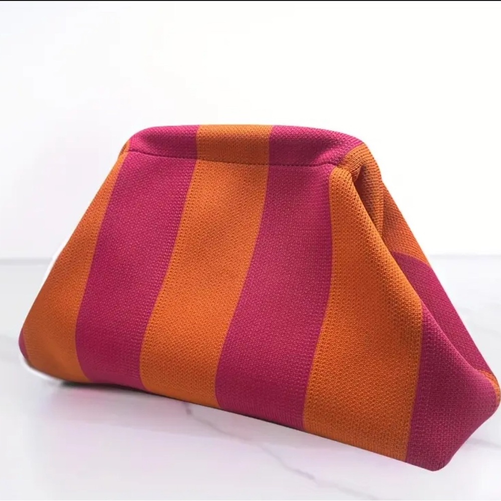 Striped Crochet Clutch Pink and Orange Cosmetic Bag Beach Bag Knitted Mesh